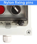 Close-up of IP67 Waterproof Push Button Switch Box with nylon fixing pins and protective cover for outdoor industrial use.