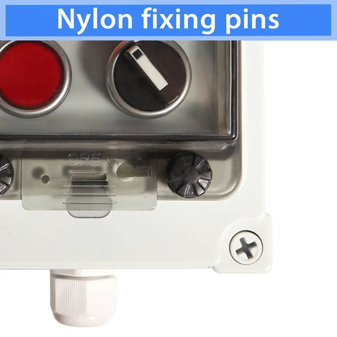 Close-up of IP67 Waterproof Push Button Switch Box with nylon fixing pins and protective cover for outdoor industrial use.