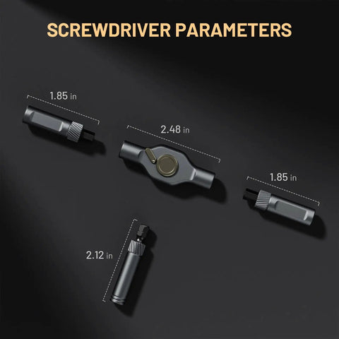 Dimensions of components in Ultimate 24-In-1 Magnetic Ratchet Screwdriver Set With Reversible T-Handle And Mini Bit Driver Kit.