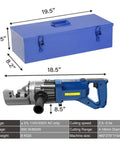 Heavy Duty 900W Hydraulic Electric Rebar Cutter And Bender Combo For Construction, shown with dimensions and toolbox.