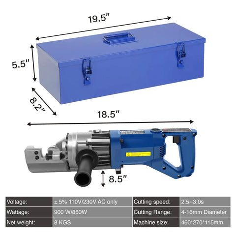 Heavy Duty 900W Hydraulic Electric Rebar Cutter And Bender Combo For Construction, shown with dimensions and toolbox.
