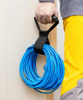 Heavy-Duty 17 Inch Cord And Hose Storage Straps For Extension Cords Garden Hoses RV Accessories And Industrial Electrical Gear Easy Organizer Handle For Cable Management, black strap holding blue cord