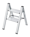 Two Step Folding Ladder With Anti Slip Wide Pedals in aluminum build for home use, showing front angle and wide, sturdy steps.