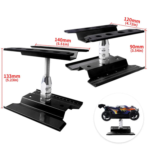 Pro RC Car Work Stand Repair Station with Screws Kit and 17mm Hex Wrench, adjustable height shown with scale measurements