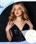 Model in sequin dress demonstrating use of V Shaped Stainless Steel Bra Wires Replacement Kit Heavy Gauge Underwire For Bras And Corsets 24 Pairs 6 Styles Compatible With D Cup To E Cup Metal Sewing Wire For Secure Support insert detail