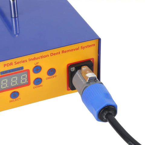 Close-up of Auto Dent Repair Tool Set With 1000W Induction Heater power cord and control panel showing settings and US plug.