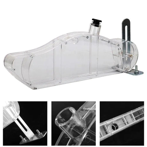 Clear Table Saw Blade Guard With Adjustable Acrylic Splitter Bracket And Snag Free Dust Deflector showing clear polycarbonate with mounting details.