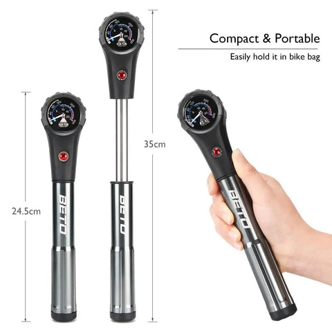 High Pressure MTB Tire And Shock Pump 300 PSI For Rear Shock And Suspension Fork With Dial Gauge, compact and portable design.