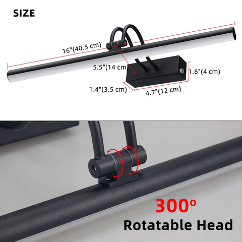 Cordless 16 Inch Picture Light With Timer And Dimmable LED Rechargeable 5000mAh Battery size dimensions and 300° rotatable head