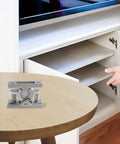 Spring Loaded Double Roller Door Latch With Strong Grip on table, cabinet in background, stainless steel, one hand unlock