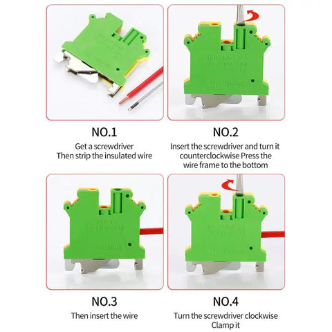 Ten Pack DIN Rail Ground Terminal Block with Screw Clamp Connectors for Industrial Control Panels, 690V 34A, assembly steps