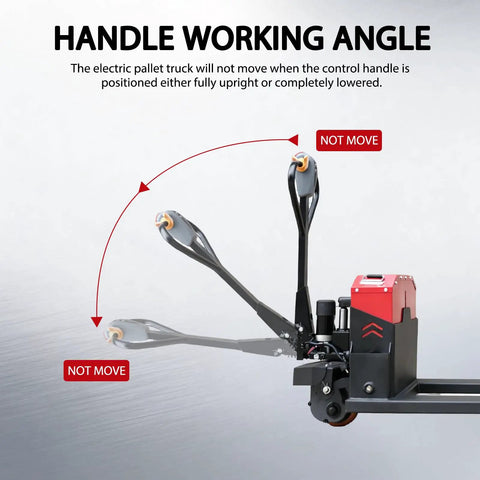 Heavy Duty Electric Pallet Jack 6600 Lb Capacity Warehouse Material Handler showing control handle working angle and position details.
