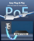 4K 8CH PoE NVR With 10 Inch IPS Monitor showing single cable power setup, network video recorder with camera connection, ONVIF compatible.