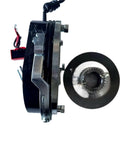 Electromagnetic holding brake assembly, side view, black housing with metal mounting flange.