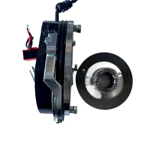 MDZ5-15 electromagnetic brake assembly, side view, black housing with wired coil