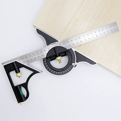 300mm Adjustable Sliding Protractor Ruler in stainless steel for precision carpentry and drafting, shown measuring wood angle