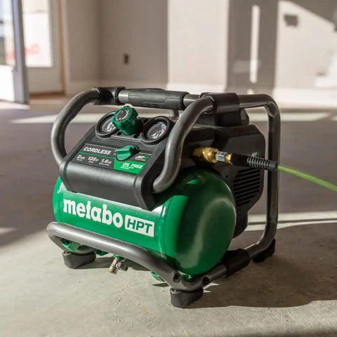 36V MultiVolt 2 Gallon Cordless Air Compressor On The Go Power For Pneumatic Finish Nailers And Tire Inflation Tool Body Only No Battery Included EC36DAQ4 on a sunny job site floor