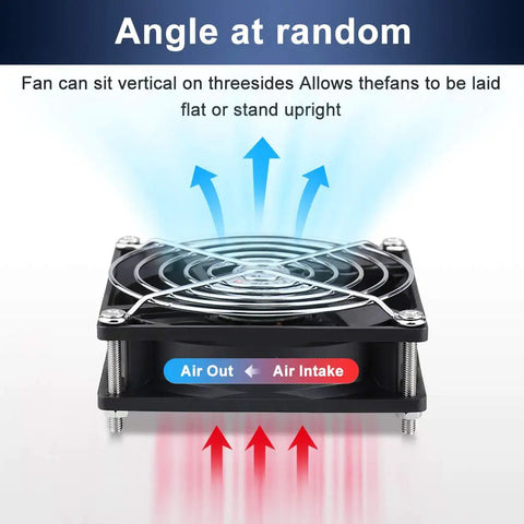 EC Brushless Industrial Case Fan 120x120x38mm, airflow direction diagram showing blue and red arrows for ventilation
