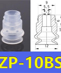 10 Piece Set Of Heavy Duty Vacuum Suction Nozzle Tips For Industrial Pneumatic Gripers. Durable white nitrile rubber cup shown with dimensions.