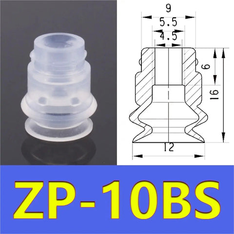 10 Piece Set Of Heavy Duty Vacuum Suction Nozzle Tips For Industrial Pneumatic Gripers. Durable white nitrile rubber cup shown with dimensions.