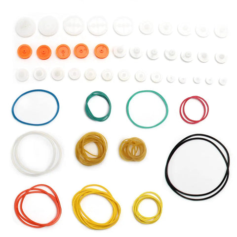 84 Type Plastic Gears Set With Belt Pulleys For DC Motor DIY Robots And Model Toys, Includes Massive 40 Gear Wheels, 40 Rubber Bands, And 4 Rubber Drive Belts For Versatile Gear Train Projects, showing assorted gears and bands