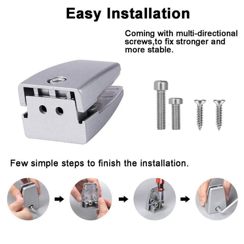 Rock Solid Aluminum Desk Partition Clamps 20 Pack Featuring Sleek Silver Finish, installation steps and screws shown.