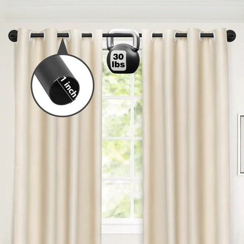 Industrial Blackout Curtain Rod For 34-48 Inch Windows, 1 Inch Diameter, supports 30 lbs, shown with beige curtains
