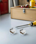 Rock Solid No Drill Glass Door Pivot Hinges That Work Great For Cabinets And Shower Enclosures Built With Strong Zinc Alloy shown on table