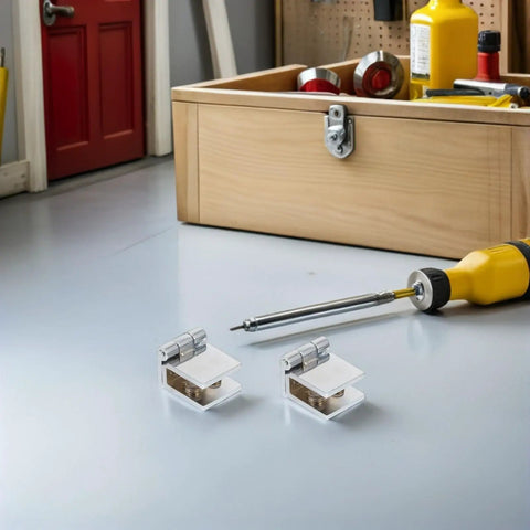 Rock Solid No Drill Glass Door Pivot Hinges That Work Great For Cabinets And Shower Enclosures Built With Strong Zinc Alloy shown on table