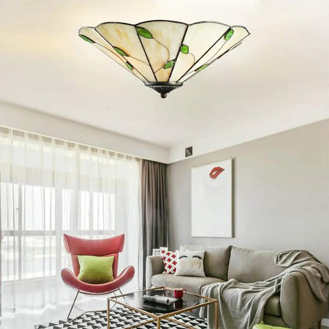 Living room with Cool Green Leaf Tiffany Style Flush Mount Ceiling Light With Stained Glass Shade For Living Room Corridor Bedroom And Restaurant 15 Inch Vintage Inspired Modern Ceiling Fixture LED CFL Incandescent Compatible E26 E27 Base