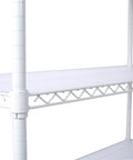Close-up view of Seven Tier Heavy Duty Wire Shelving Unit With Wheels Adjustable Metal Rolling Rack, showing white metal frame and shelves.