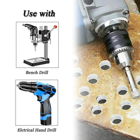 10-piece diamond drill bit set (5–12 mm) for tile/ceramic/glass/marble; compatible with bench and hand drills.