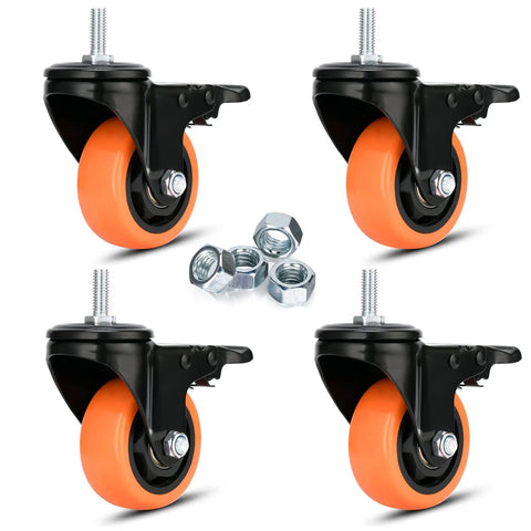 Hella Smooth Rolling Heavy Duty 3 Inch Stem Casters With 3/8-16 Thread And Dual Lock Brakes For Furniture Carts And Utility Dollies Complete Replacement Set Of Four displayed with nuts.