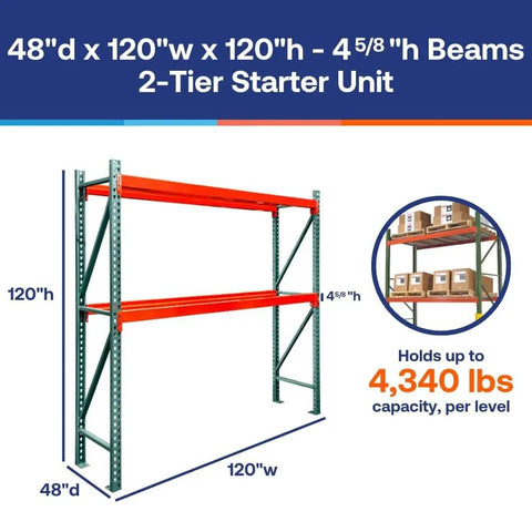 Top Shelf 48 Inch Deep By 120 Inch Wide Two Tier Pallet Rack Starter Unit With Heavy Duty Steel Frame Rust Resistant Warehouse Storage Setup No Fluff Design Built Like A Tank For Distribution Hubs And Auto Lots, showing dimensions and capacity.