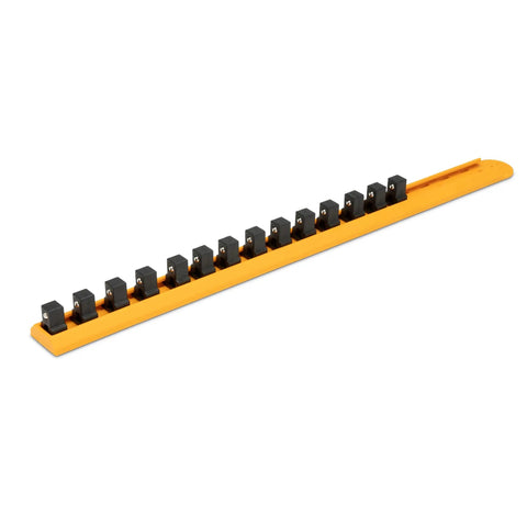 Fourteen Piece Three Eighths Inch Drive Six Point Socket Set Metric Pro Grade Chrome Plated Alloy Steel on yellow clip rail