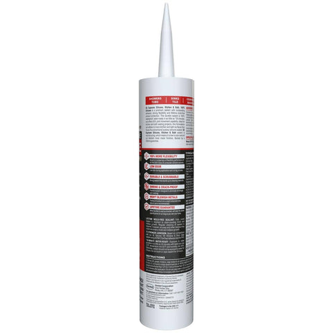 Back view of Supreme Silicone Caulk For Kitchen And Bathroom White 10 Ounce Cartridge 1 Pack showing features and instructions