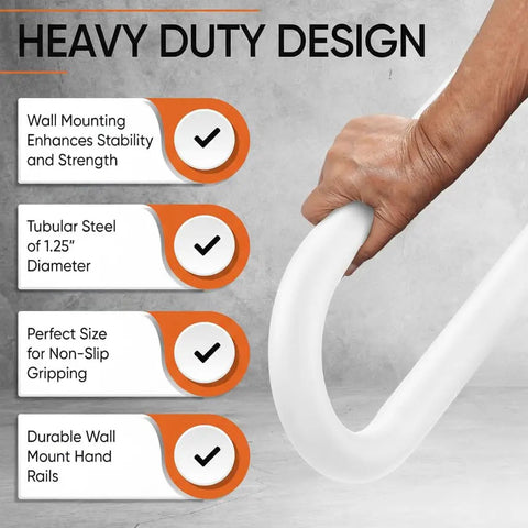 Built Tough Steel Wall Mount Handrail For Stairs And Decks, 18 Inch White Indoor Outdoor Safety Railing showing hand grip and sturdy design.