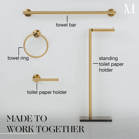 Free Standing Gold Toilet Paper Holder Stand With Black Marble Base And Storage No Drill Hassle Free Setup Fits 4 Jumbo Rolls Stainless Steel Bathroom Tissue Organizer Modern Bath Decor Accessory with matching towel bar and ring