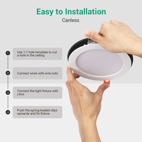 Hands installing 12 Pack 6 Inch LED Recessed Lights With Junction Box Easy Install 5CCT Dimmable Ultra Thin Canless LEDs