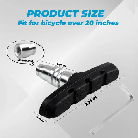 4 Pack Bike Brake Pads For City, Road And Mountain Bikes With Allen Wrench And Plastic Case, Premium V Brake Blocks shown with dimensions and M5 hex nut.