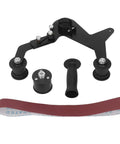Heavy Duty Belt Sander Adapter For Angle Grinder Tough As Nails Stainless Steel parts including sanding belt and handle.