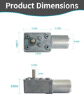 Dimensions of 12V Mini Self Locking Worm Gear Motor With Cable, 65 RPM, 0.75 Kg.cm Torque, 6mm Shaft, front and side views.