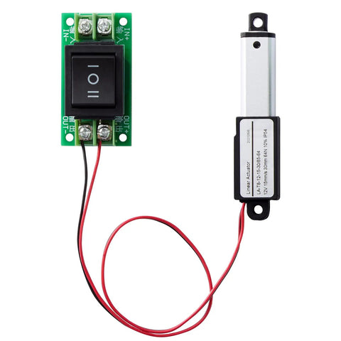 Tiny 2 Inch Stroke 12V DC Linear Actuator with Controller Kit 64N, rocker switch, and wiring visible, ideal for robotic projects.