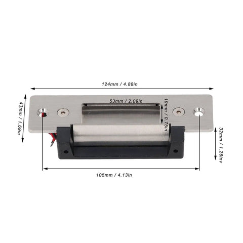 Heavy Duty 12V Electric Strike Lock Built Like A Tank For Ironclad Door Security And Plug And Play Access Control Installation Fits Standard Cylindrical Latch Sets And Entry Doors, stainless steel with measurements.