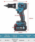 Pro Cordless Electric Rivet Nut Gun With Battery And Carrying Case Fast Automatic Riveting Tool For DIY Pros side view with dimensions and specifications.