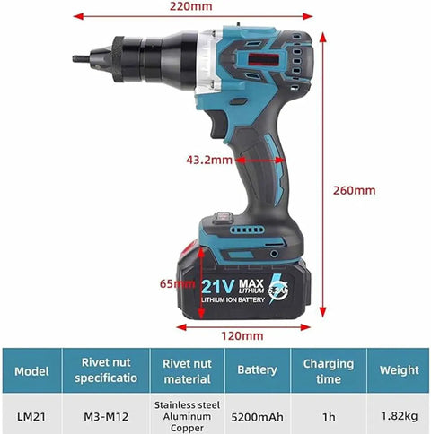 Pro Cordless Electric Rivet Nut Gun With Battery And Carrying Case Fast Automatic Riveting Tool For DIY Pros side view with dimensions and specifications.