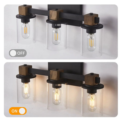 3 Light Rustic Wood Vanity Light With Clear Glass Shades Modern Black Farmhouse Bathroom Over Mirror Fixture Industrial Chic Wall Mount For Vanity Durable Rust Resistant with bulbs on and off