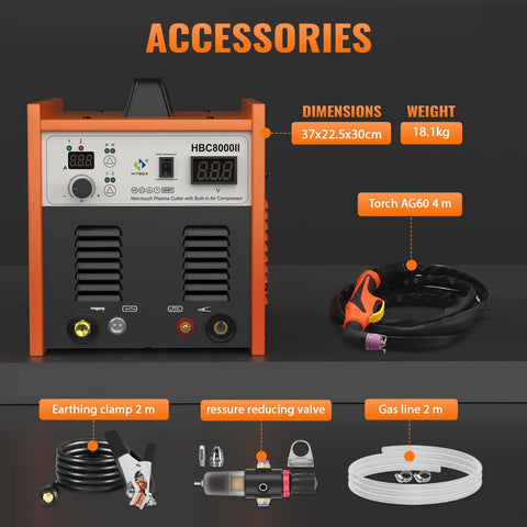 Built In Air Compressor Plasma Cutter With Non Touch Pilot Arc 50 Amp 220V Digital Inverter IGBT front view with accessories