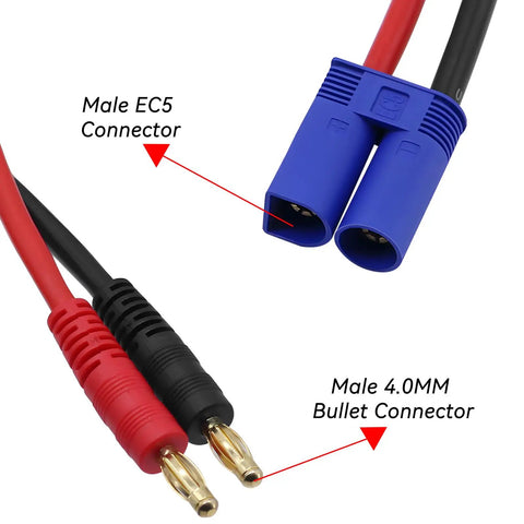 EC5 Male To 4.0mm Banana Plug Adapter For IC5 Connector, 12AWG silicone wire, male EC5 and 4.0mm bullet connectors shown.