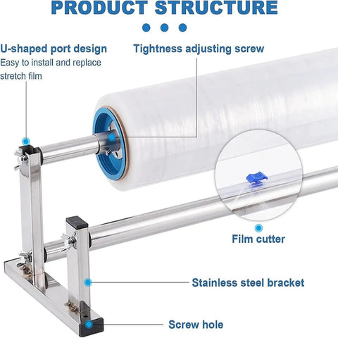 Table Stretch Film Dispenser In Stainless Steel Adjustable 20 To 80 Cm Width One Hand Cutter with product structure labels